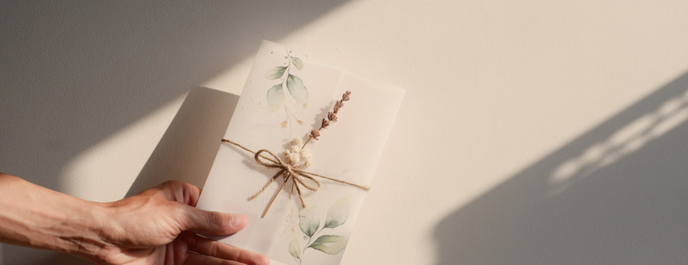 Een cadeau met touw en gedroogde bloemen wordt overhandigd